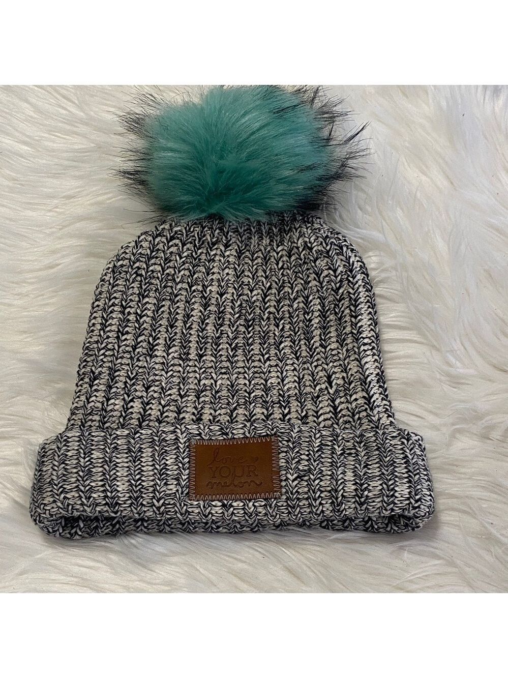 Love Your Melon black and white Beanie with Teal Pom-Pom - Picture 1 of 4